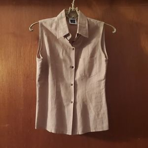 Tan Linen Button Down Sleeveless Shirt